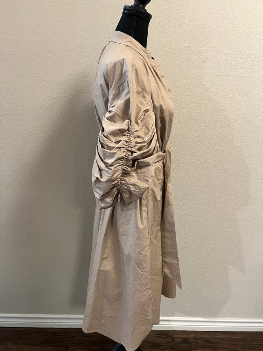 Gracia Beige Shirt Dress Ruched Sleeve Belted Mini/Midi Cotton Sz S - Picture 4 of 6
